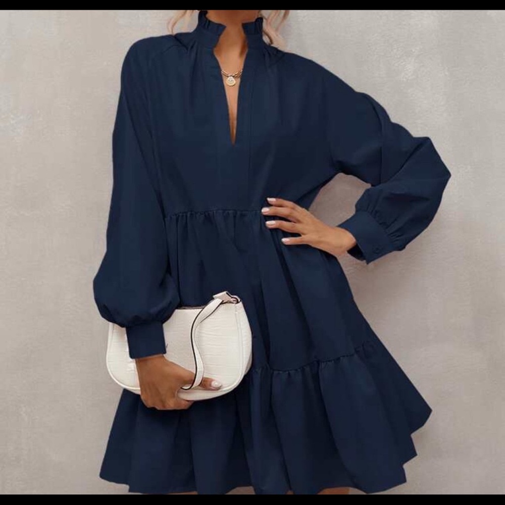 Navy Long-Sleeve Tiered Dress